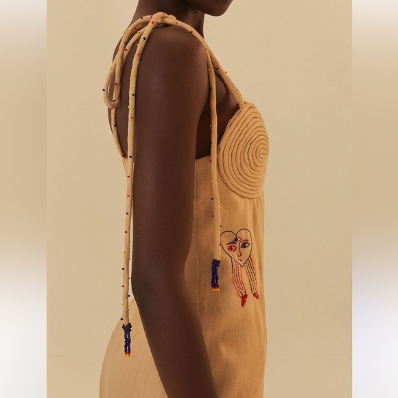 FARM Rio x Anthropologie Tan Embroidered Linen Blend Midi Dress NEW small - Picture 4 of 15
